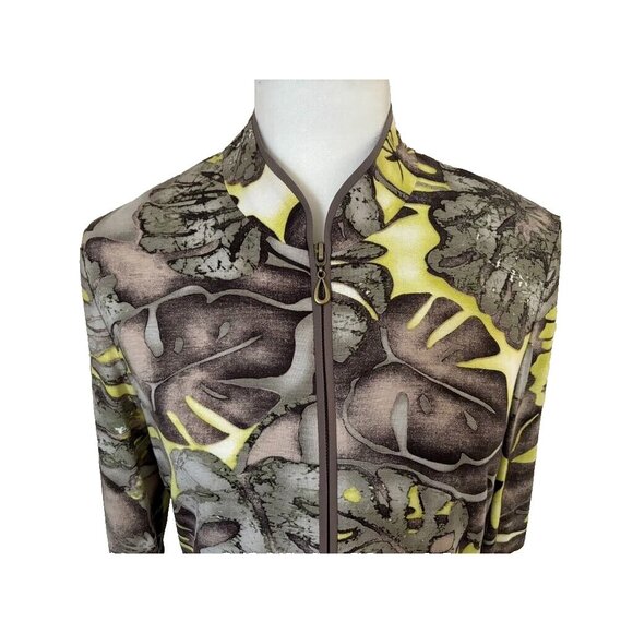 JOSEPH RIBKOFF Full Zip Up Jacket Top Size 10 Gray Yellow Floral 3/4 Sleeve - Picture 2 of 6
